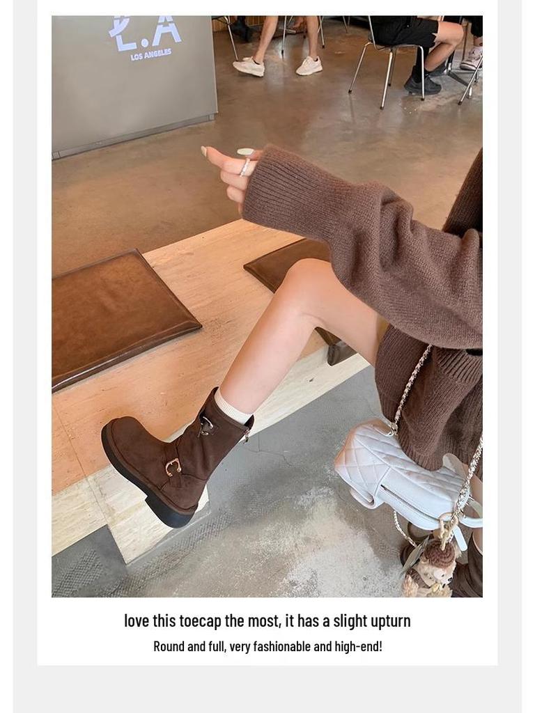 Women's Retro Motorcycle Buckle Boots - 2025 New Skinny Design, Round Toe, Thick Sole, Chunky Heel, Height Increasing, Mid-Calf, Autumn/Winter Style.