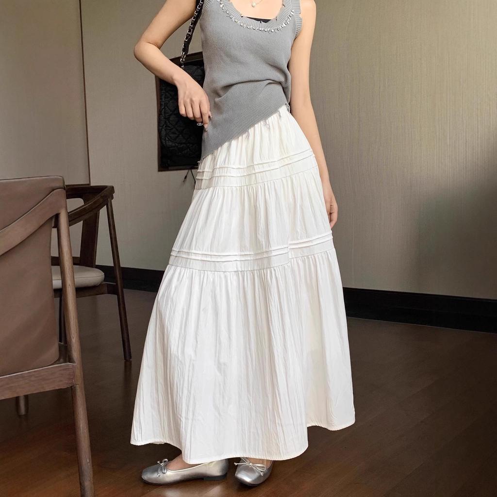 Women's White High-Waist A-Line Midi Skirt - Slimming, Petite Fit, Autumn 2025