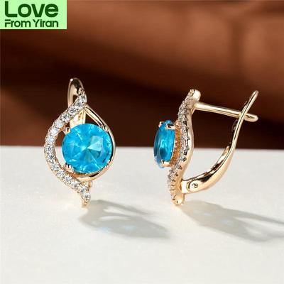 Charm Bridal Gold Color Wedding Earrings Aqua Blue Zircon Round Stone Earrings Female Cute Small Hoop Earrings For Women Jewelry