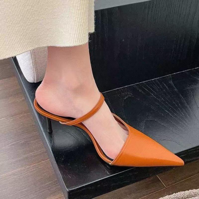 Temperament French Pointed Toe Shallow Mouth Slim Heel Slippers Women's New Summer Baotou One Strap Non-slip High Heels