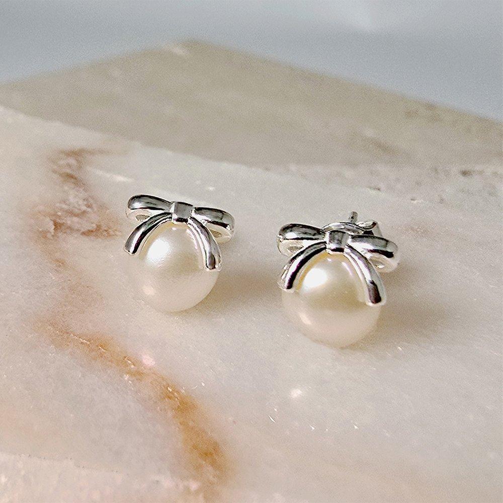 Cute Ribbon Freshwater Pearl Silver Earrings