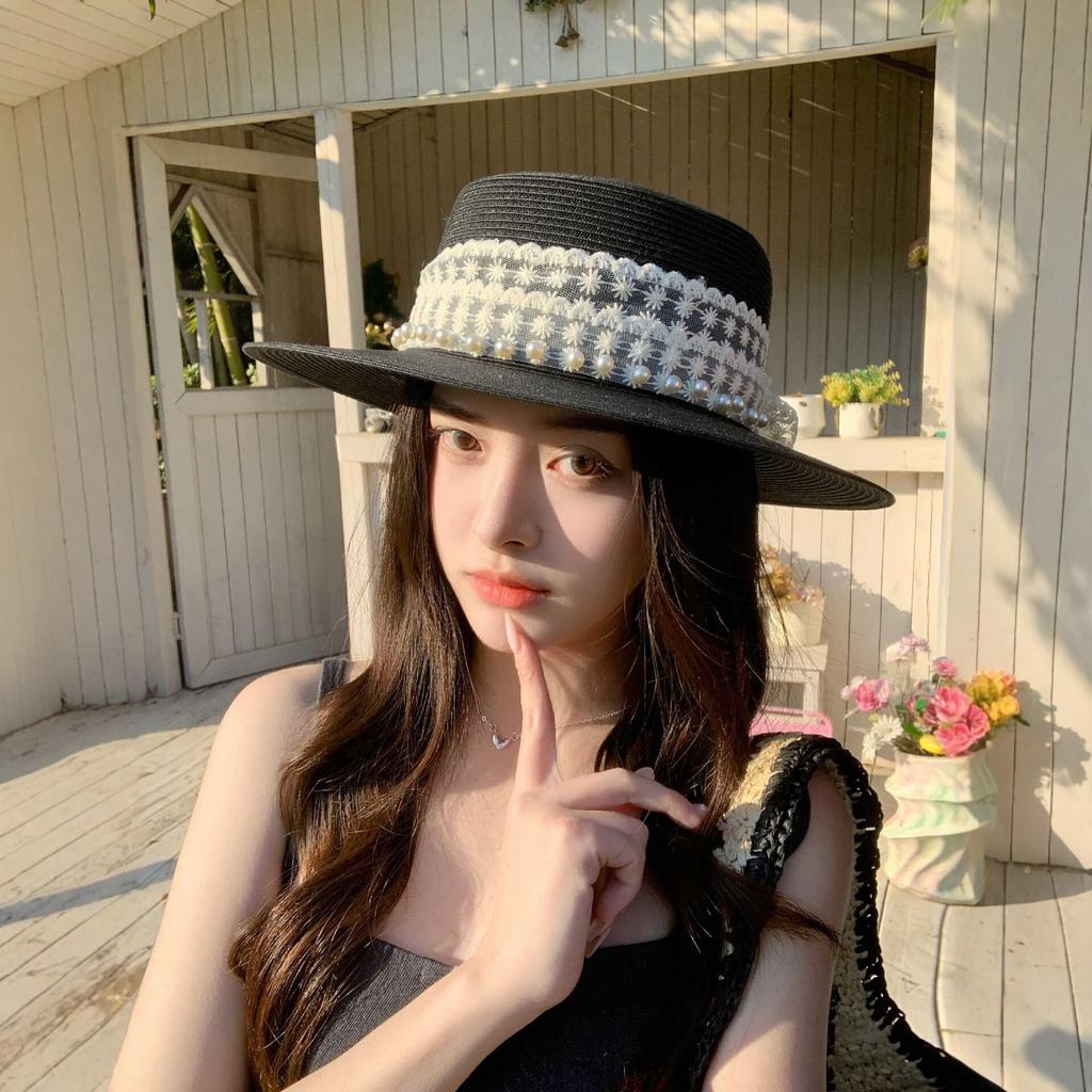 Hat Women's Versatile Lace Strap Bow Dome Straw Hat Summer Travel Shade Sunscreen Big Brim Basin Hat