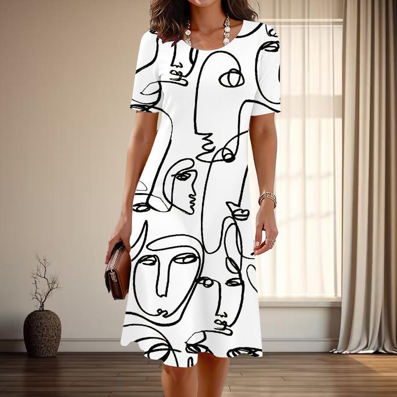 

Женская мода изящный абстрактный граффити принт лето весна короткий рукав О-образный вырез повседневные платья 5XL белый