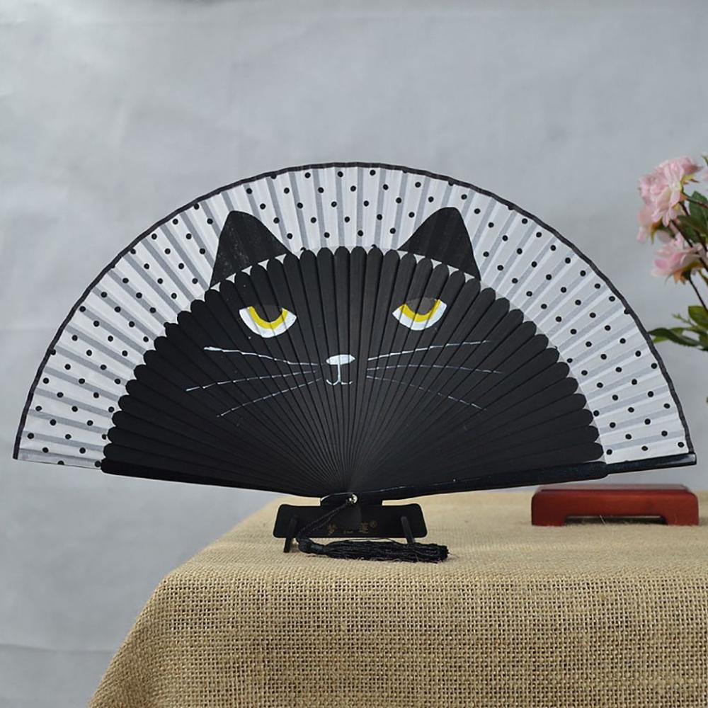 Summer Gift Cat Patterns Cartoon Bamboo Wooden Fan Crafts Home Decoration Folding Fan Silk Fan