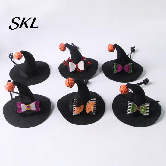 Pet Halloween Hat Cat Wizard Hat, Bent Pointed with Pumpkin Bell, Sequined Bow Festive for Cats Small Dogs Stiff Felt