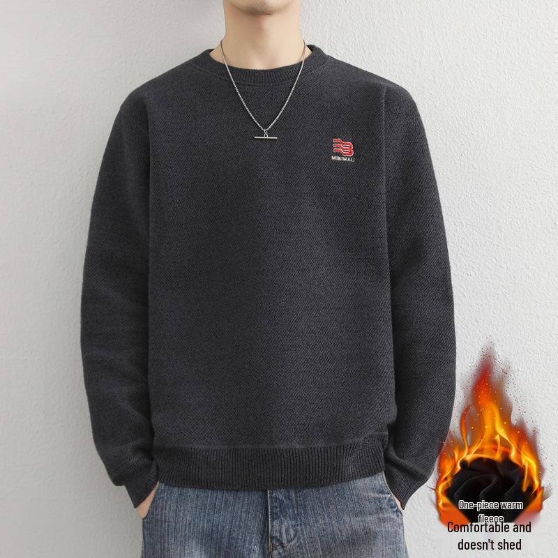 Men's Youth Velvet Thickened Wool Sweater - Embroidered, Warm, Trendy Round Neck Knitwear for Autumn and Winter