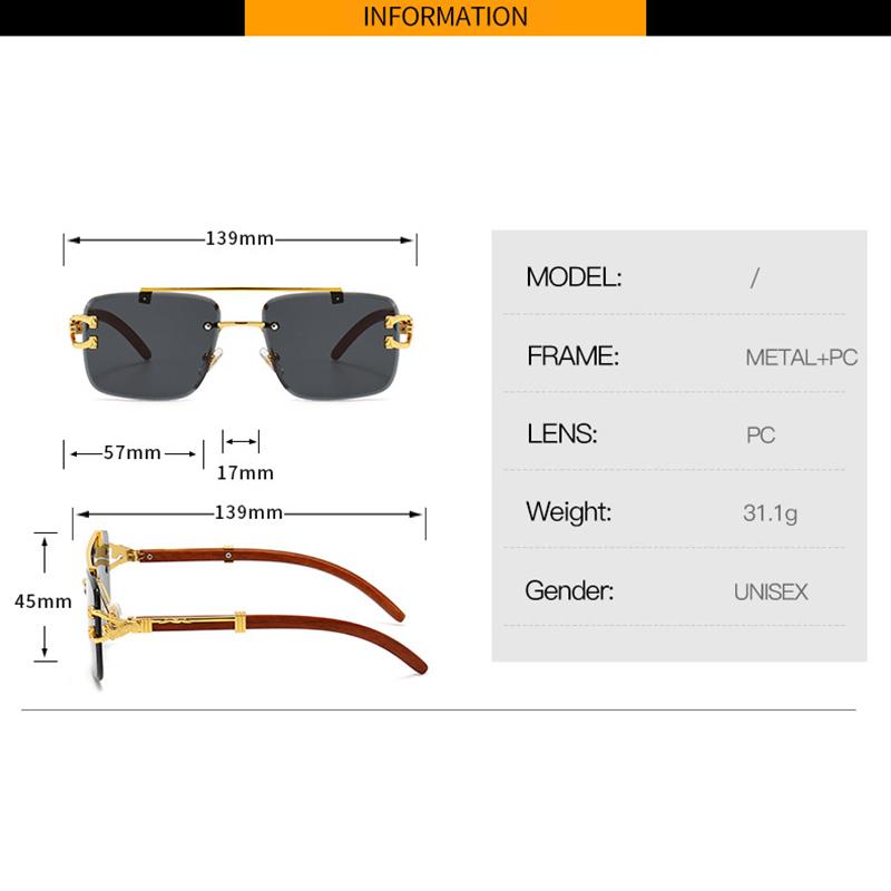 Lunettes de Soleil Carrées Sans Monture Style Vintage Classique Tête de Léopard Mode Hommes Femmes Marque de Luxe Designer Lunettes de Soleil
