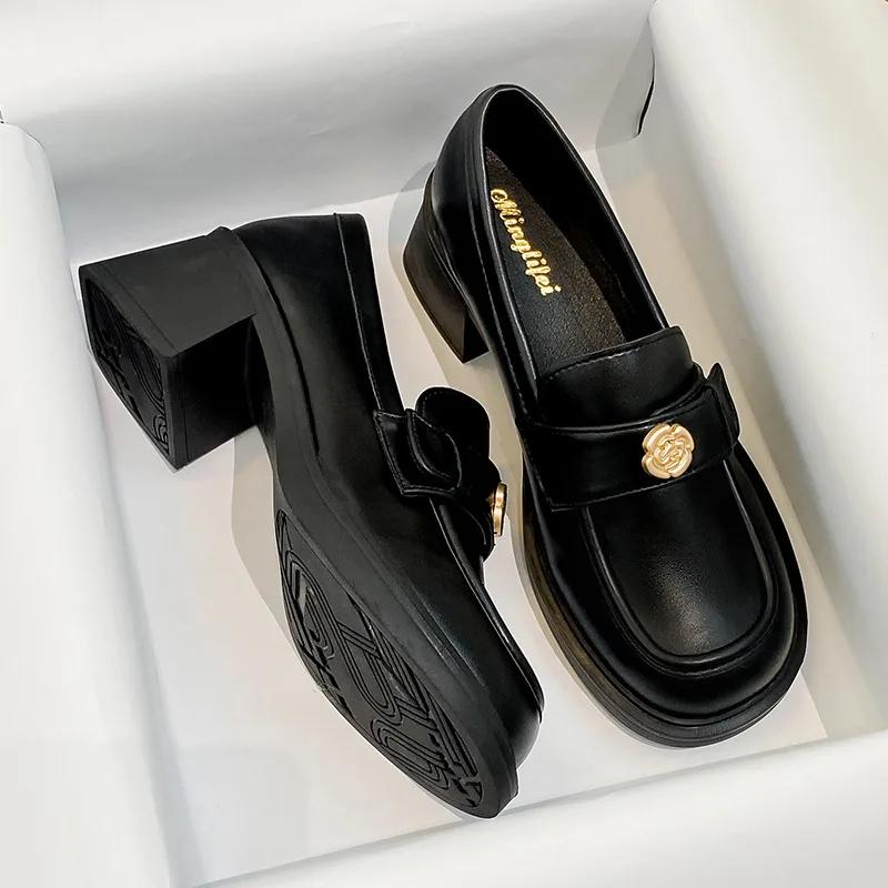 

Fashion Plus 35-43 Women Camellia Button Loafer British Style Lolita 6cm Low Heels Mary Jane Female Height Increasing JK Uniform Shoes 35