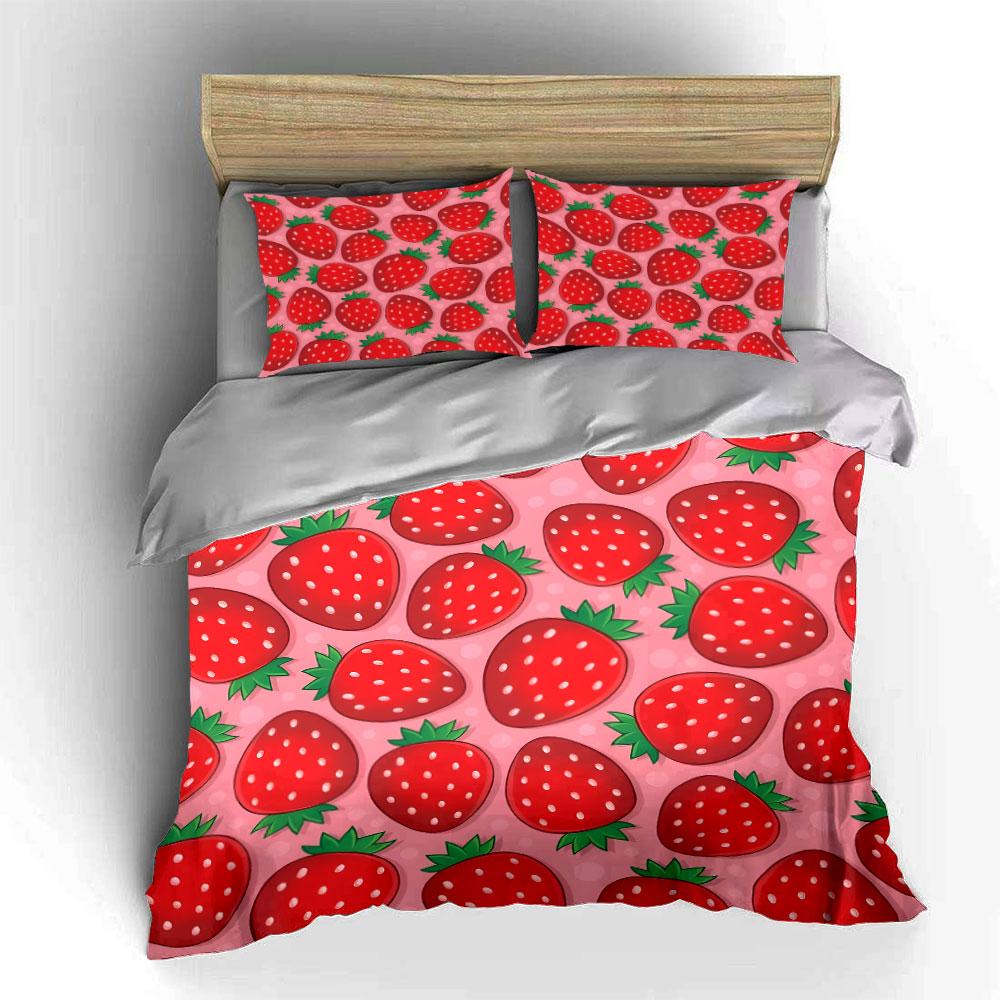 Strawberry Pattern Pink Background Bedding Duvet Cover Set (1*Duvet Cover 2*Pillowcases, without duvet insert)