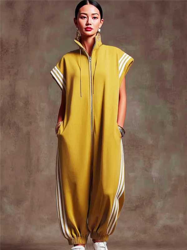 Damen Reißverschluss Jumpsuits Kurzarm Rundhals Langbein Einteiler Strampler mit Taschen Sportbekleidung 5XL