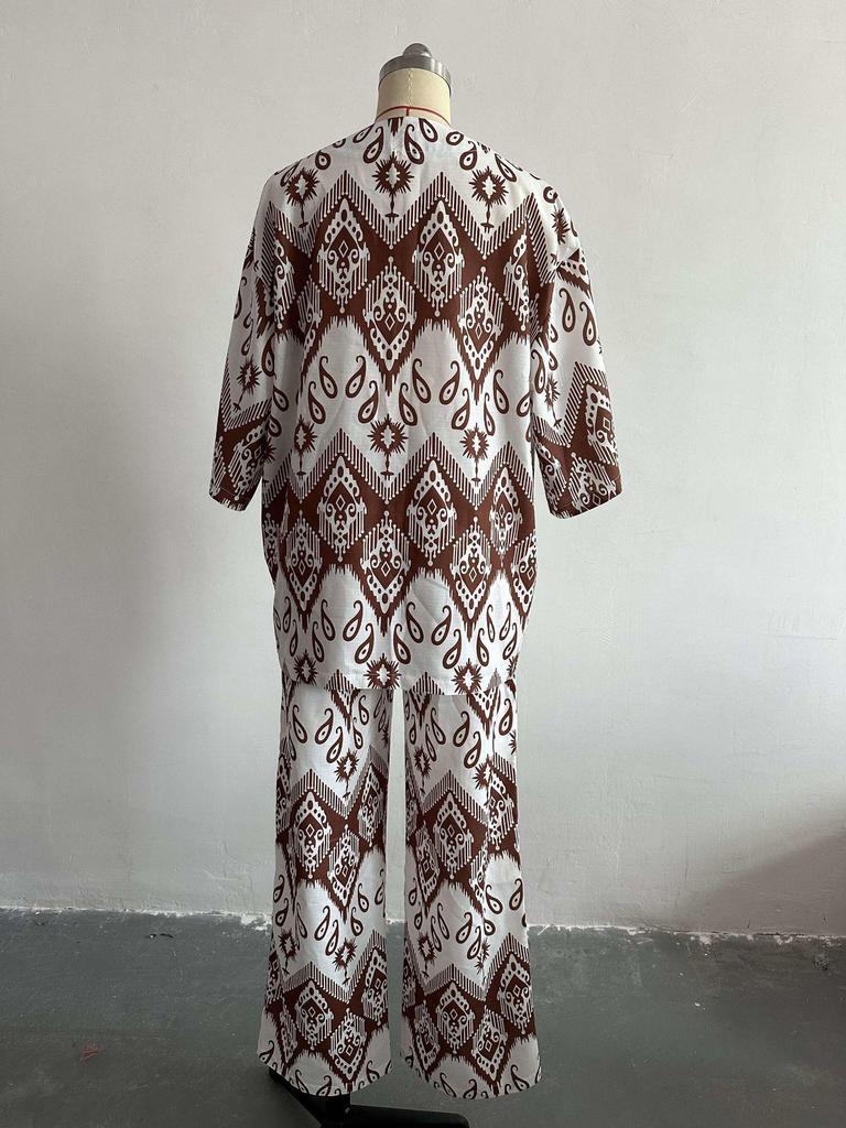 Temu 2024 Summer Women's Loose Plus Size Printed Set: Mid-Sleeve Shirt & Wide-Leg Pants