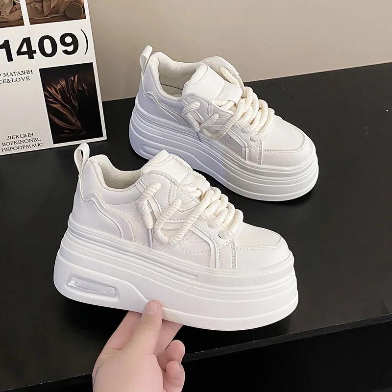 Fashion New Chic Platform Sneakers for Womens Leather Lace-up Comfort 8CM Thick Bottom Sport Shoe Small White Vulcanize Shoes