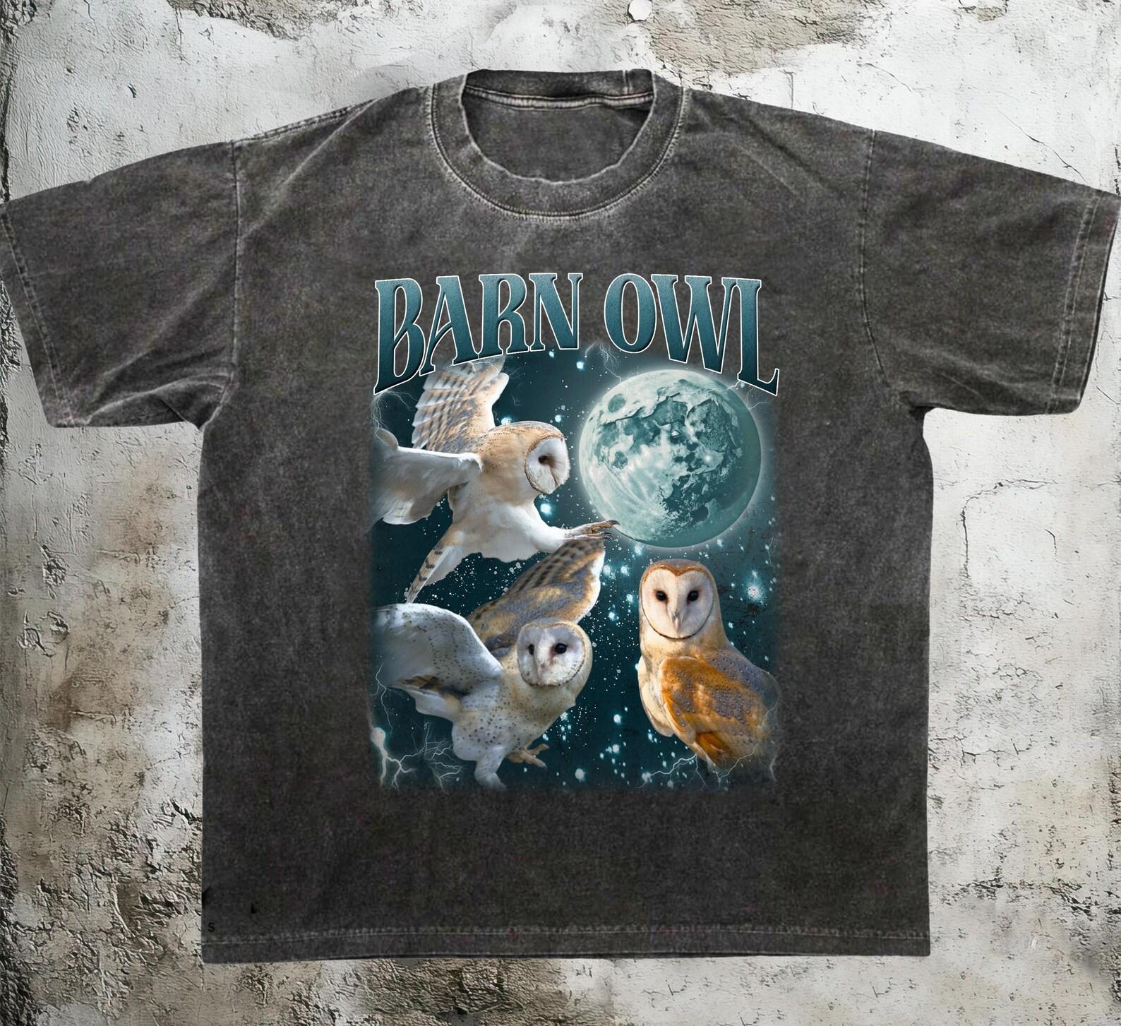 Three Barn Owl Retro Graphic T-Shirts, Vintage Moon Owl Shirt, Funny Bird Animal T-Shirt XL
