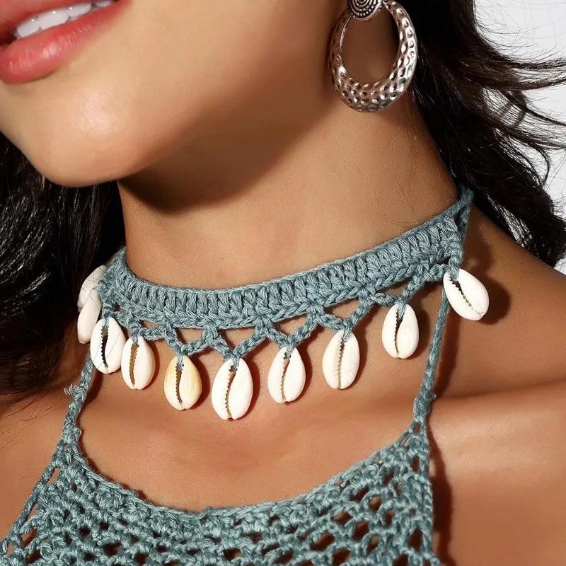 Bohemian Shells Necklaces for Women Handmade Woven Rope Chain Choker Necklace Summer Beach Beaded Necklaces Jewelry