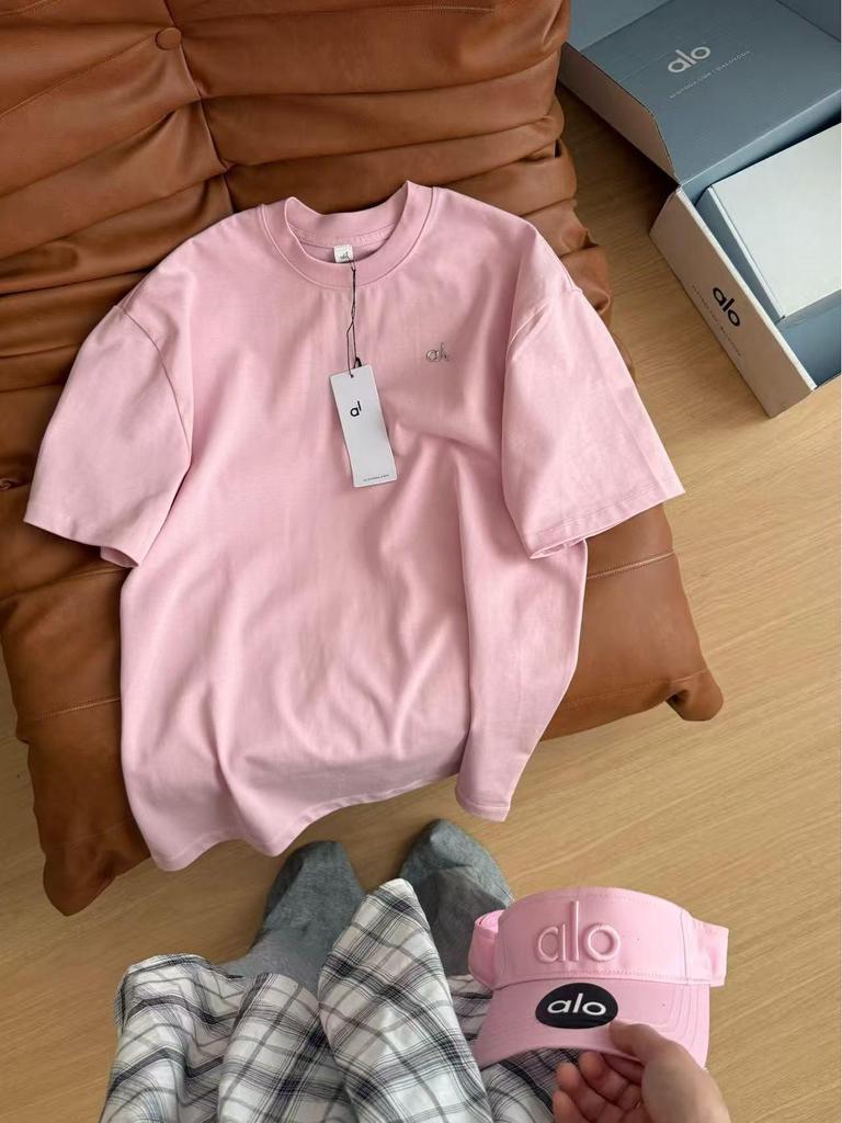 Aloyoga Damen Candy-Farbe Rundhals Locker Geschnitten Kurzarm T-Shirt