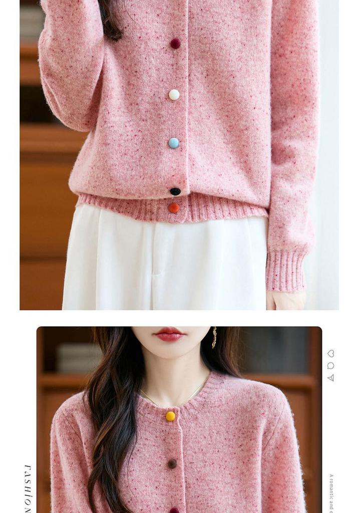 Women's 100% Wool Cardigan Sweater - Round Neck, Colorful Buttons, Loose Fit, Long Sleeve, Casual Autumn/Winter Fashion Outerwear
