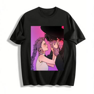 Heartbroken Vibe Purple-haired Girl & Dark Pattern Lover Print Top Anime Style Niche Design T-shirt Pure Cotton T-shirt
