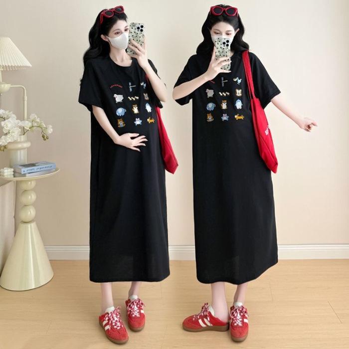 Lazy wind dress 2026 new women s summer casual loose large size short-sleeved t-shirt skirt summer maternity skirt M чёрный