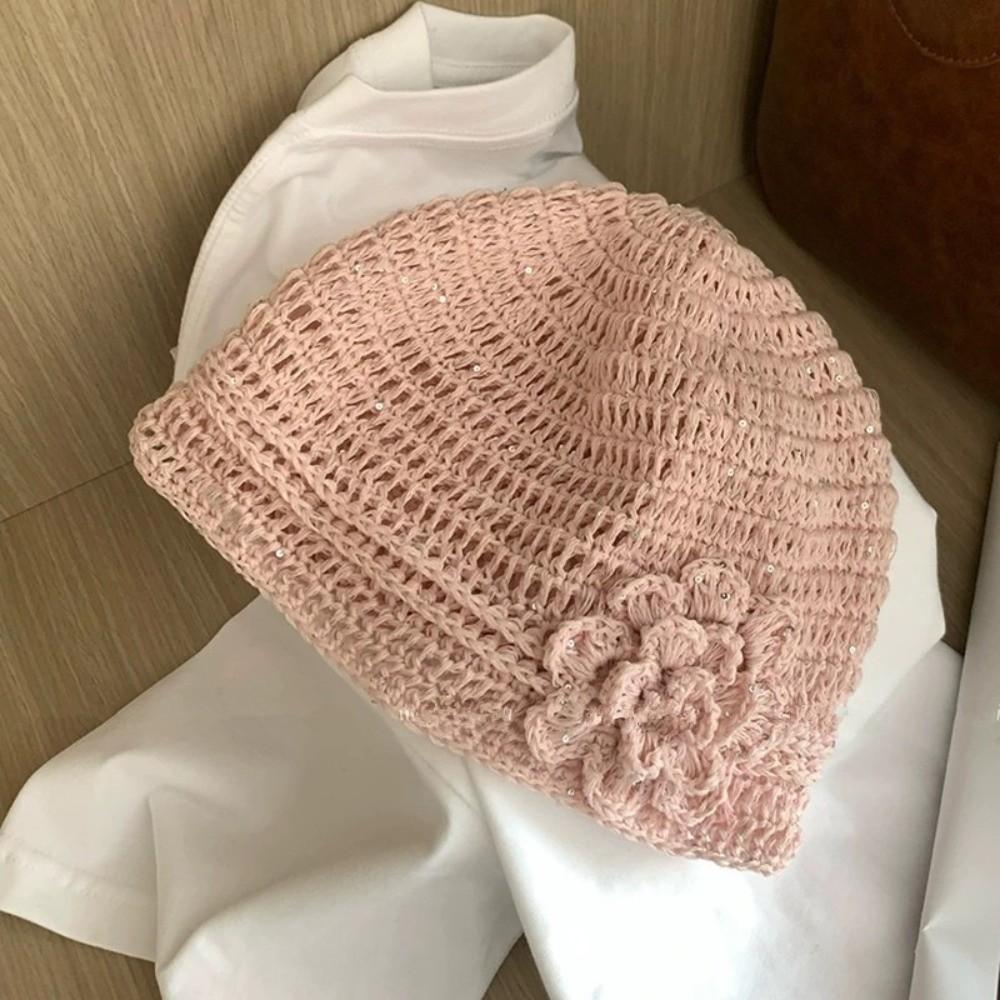 Hollow Flower Knitted Caps Hand-woven Beanies Cap Korean Sequin Crochet Hat  Streetwear