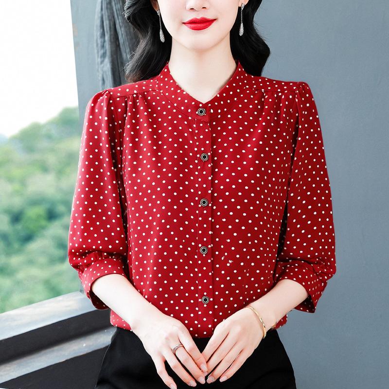 Spring and Autumn Ladies Polka Dot Western Style Small Shirt Fashion Three-quarter Sleeve Shirt