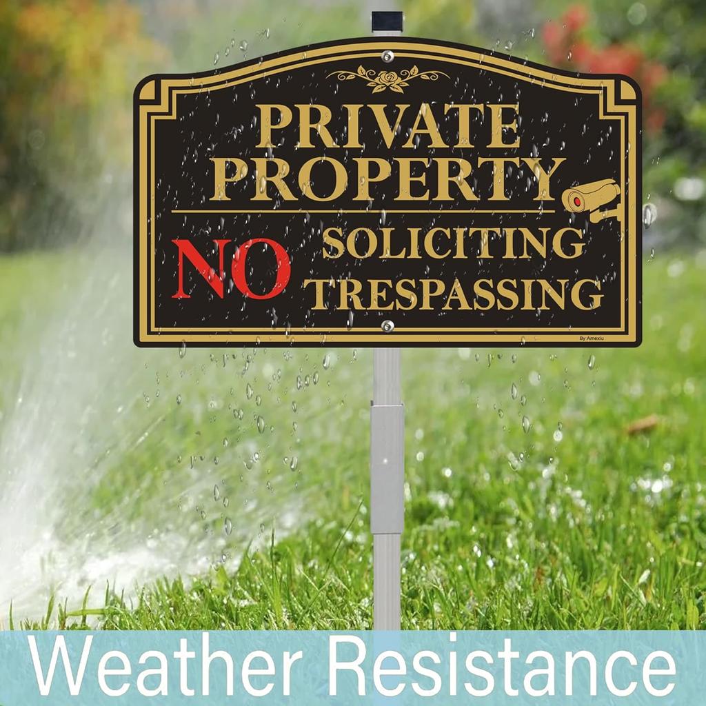 Private Property No Trespassing Sign, 12" x 8" No Soliciting Sign Aluminum with 28" Tall Alloy Stake for Easy Installation, Rust-Free& Fade Resistant