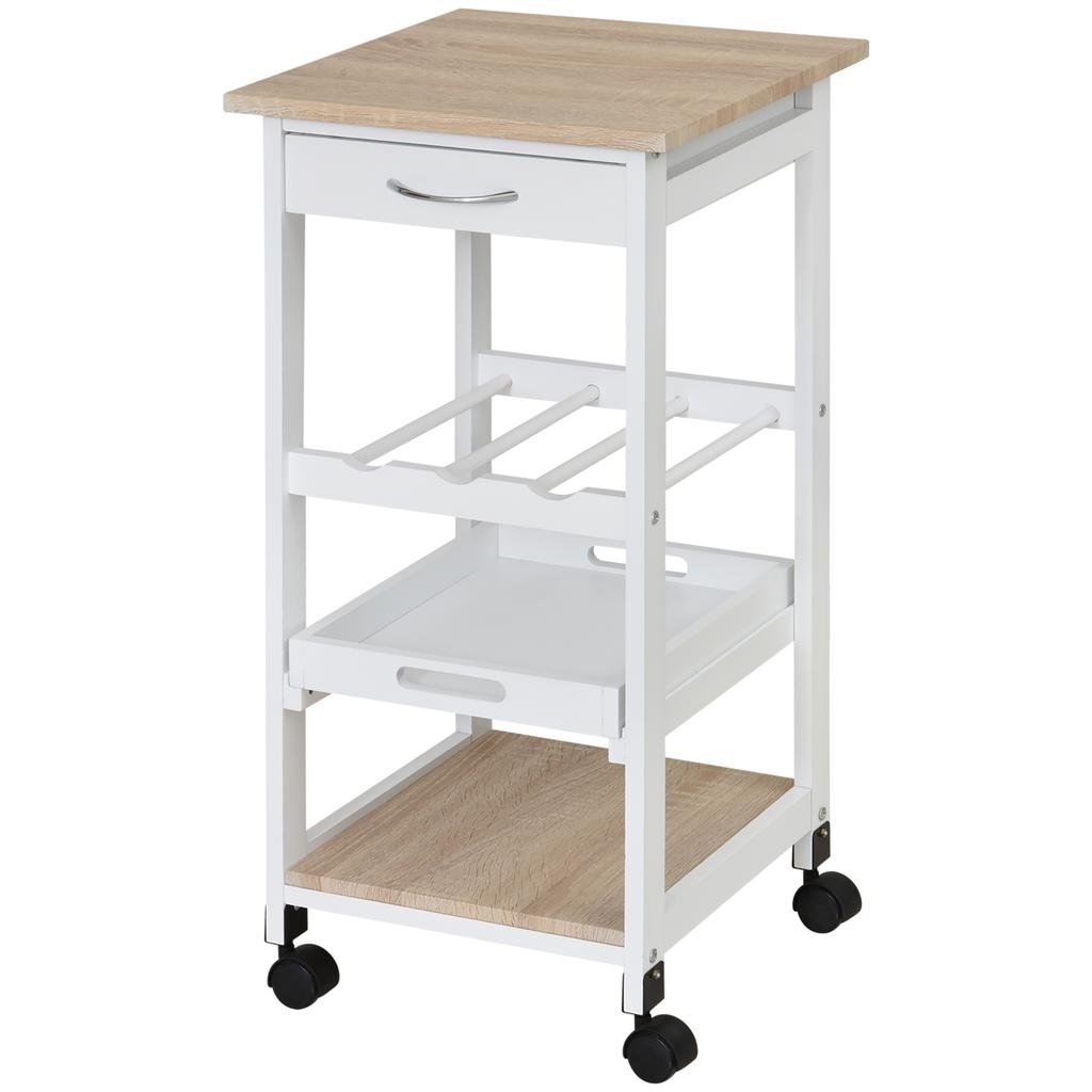 Carrello da portata Carrello da cucina su ruote 2 ripiani + Vassoio rimovibile + Cassetto Legno di pino Bianco Rovere chiaro