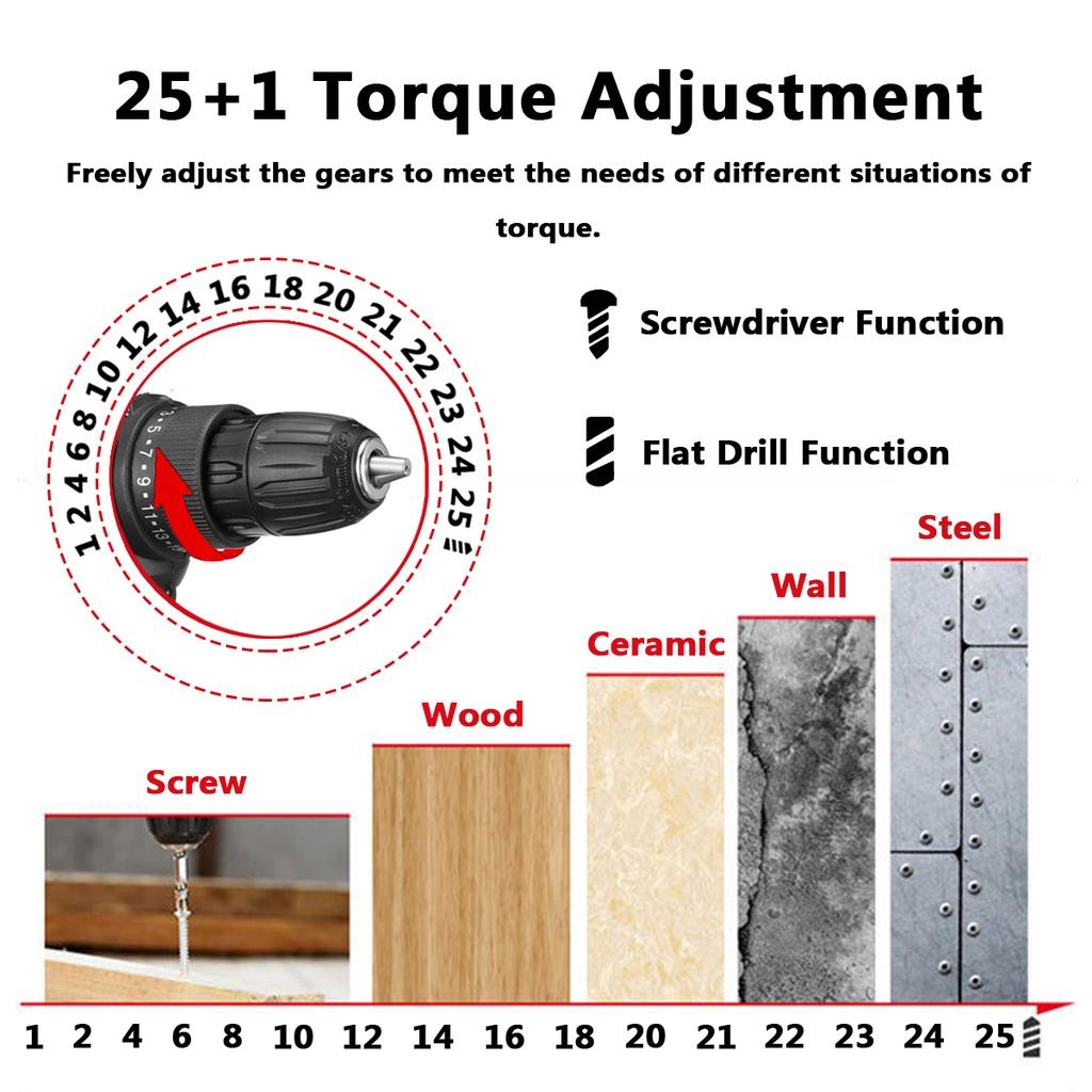 2000W 50N.m 3 In 1 Drill Hammer Variable Speed Cordless Impact Drill with 2 Batteries Cordless Electric Screwdriver