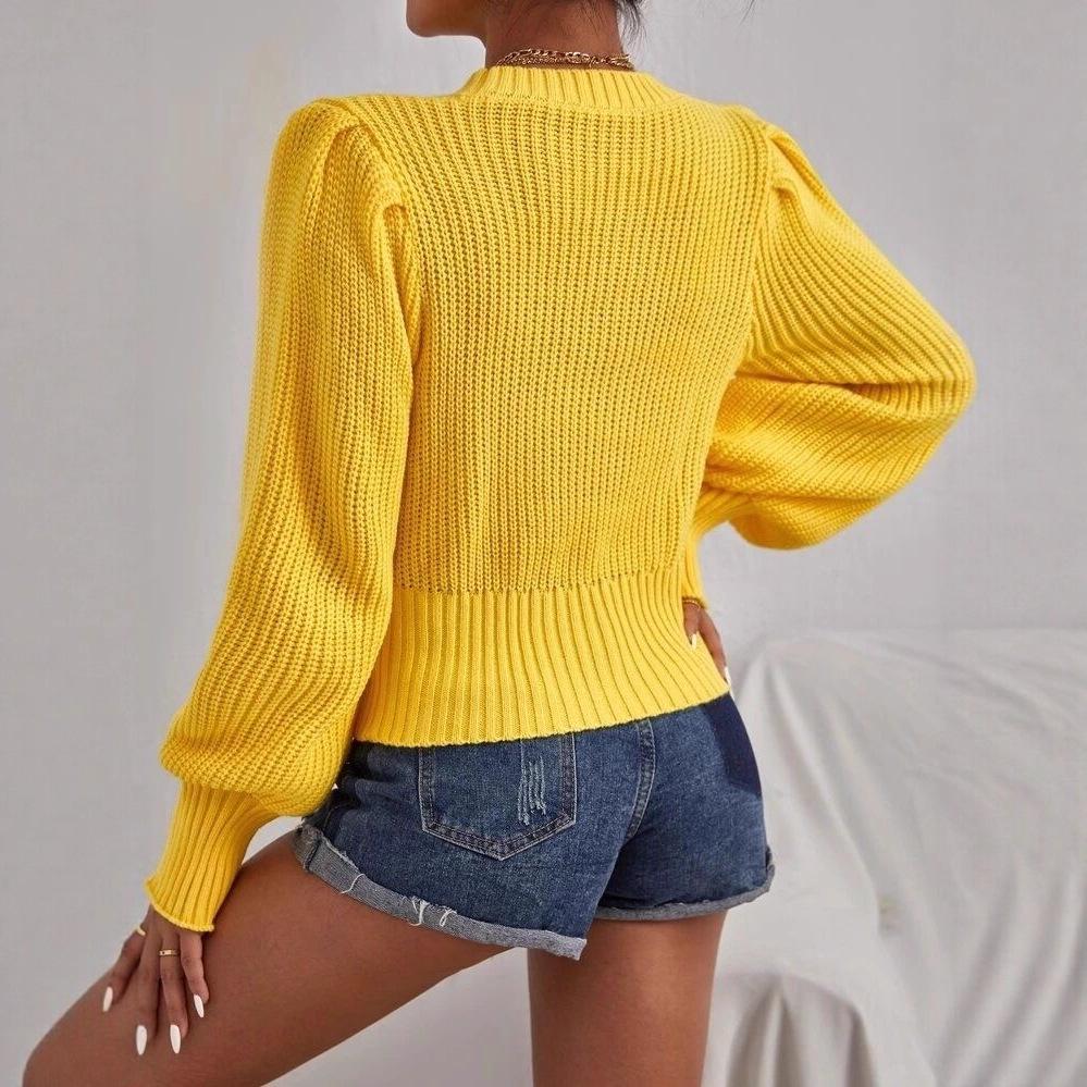European & American Solid Color Knitwear Women's Lantern Sleeve Cable Knit Pullover Sweater - Autumn/Winter, Round Neck