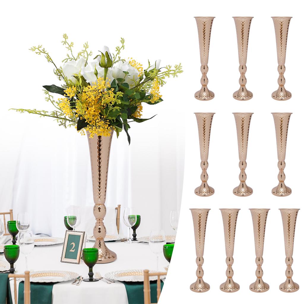 10 Pcs Floral Metal Trumpet Vase, Tall Wedding Centerpiece for Table Decor, Gold Flower Vase for Birthday Anniversary Party
