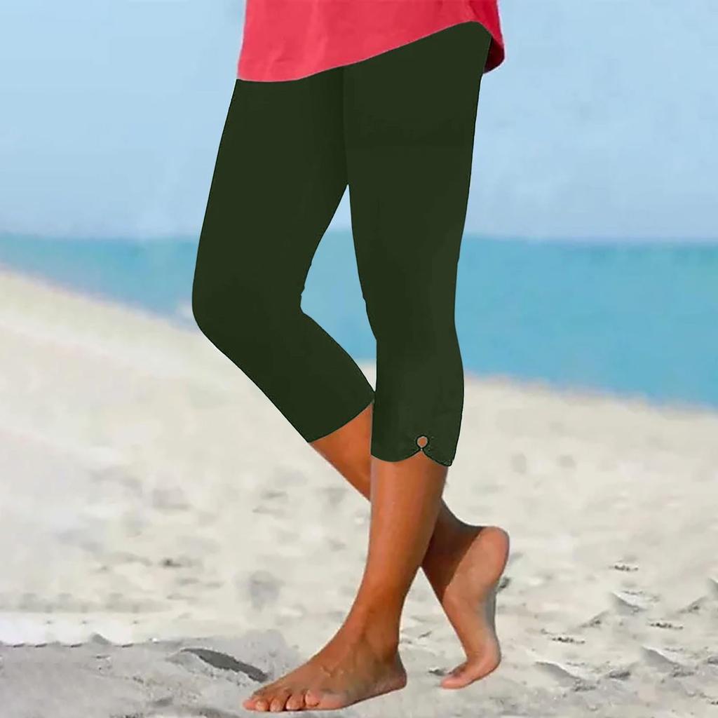 Women's Casual Comfortable Stretch High-Waist Elastic Cropped Pants, Vacation Beach Leggings
