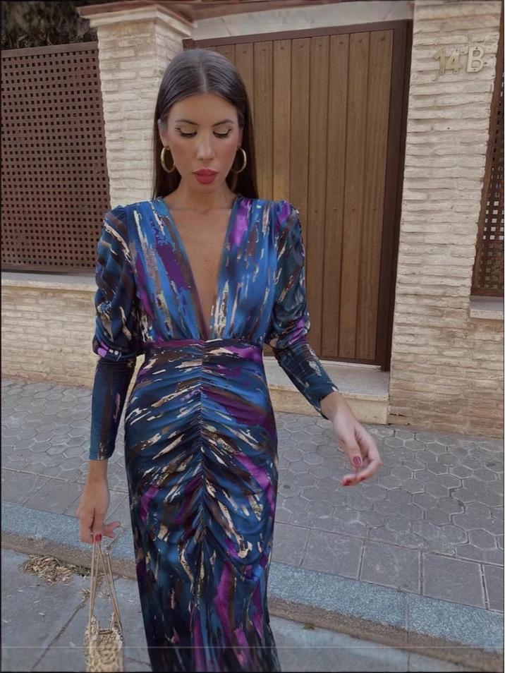 2025 Spring European & American Women's V-neck Print Pleated Dress