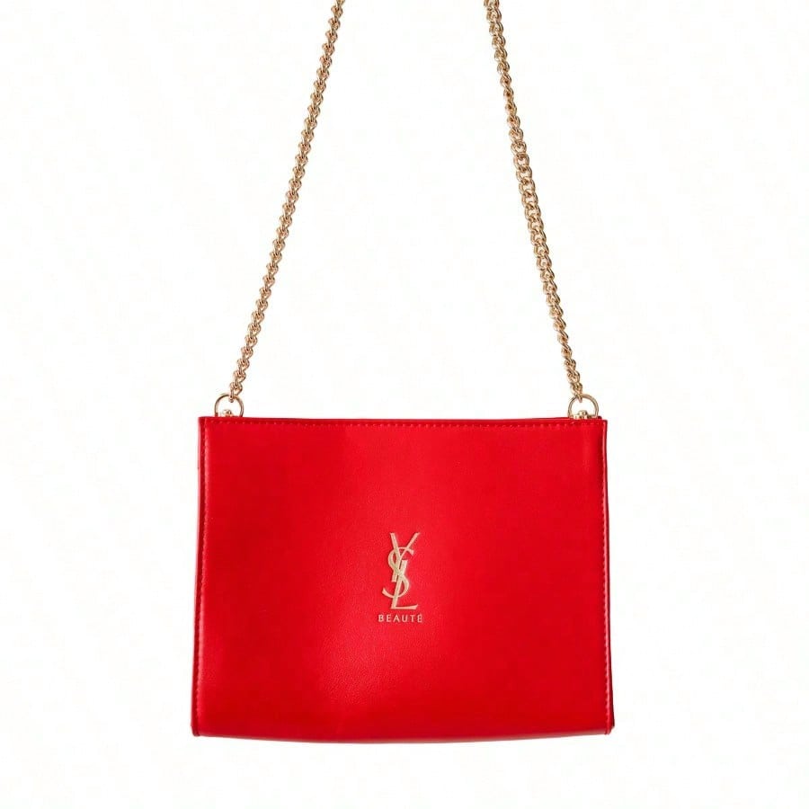 Red leather crossbody bag, with a golden chain shoulder strap, stylish logo shoulder bag