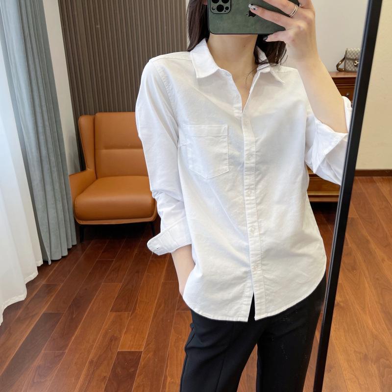 Women's Pure Cotton White Long Sleeve Casual Shirt - Loose Fit for Spring and Autumn