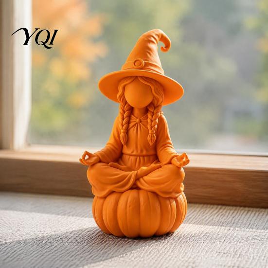 3D Printed Pla Ornaments Meditating Witch Figurine on Pumpkin Base, Minimalist Personalized Holiday Party Decor Halloween Autumn Desktop Statue,