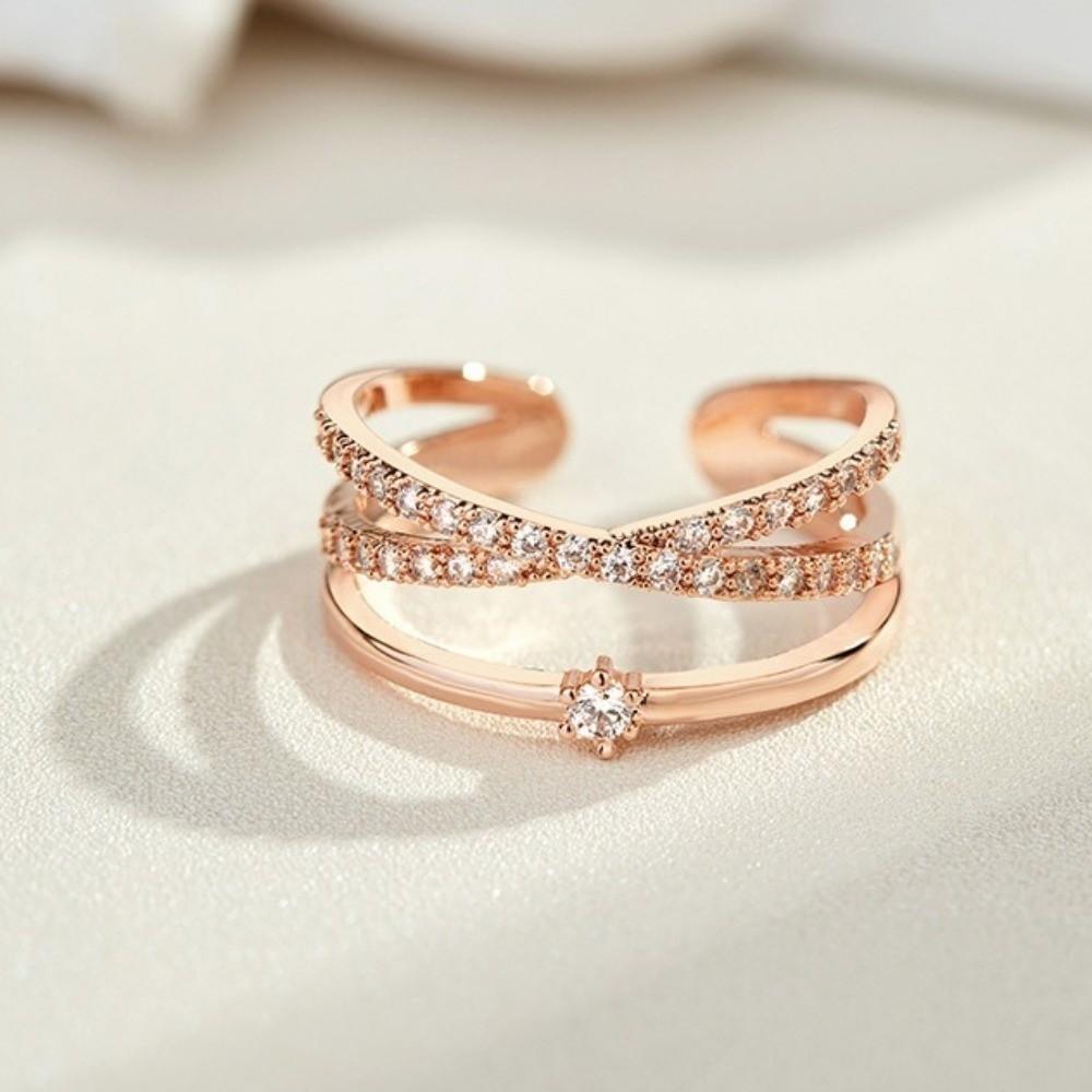 Luxury Zircon Crossed Rings Elegant Plain Ring Exquisite Women's Opening Ring  For Girls