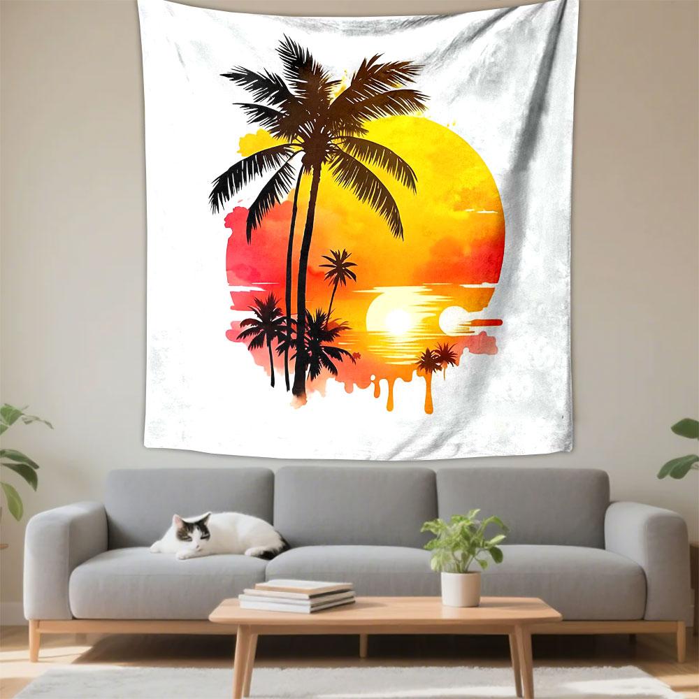 Tropical Sunset with Palm Trees Patterned Tapestry Decorative Wall Hanging, Home Bedroom Living Room Decor
