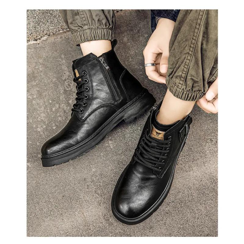 Botas de Cano Curto de Couro Estilo Britânico com Cadarço Botas Masculinas Botas Clássicas de Motociclista Sapatos Masculinos de Cano Alto