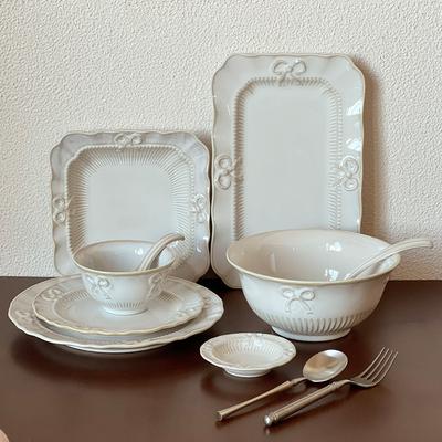 Color Glaze Bow Tableware Simple Premium Household Dish Set Large Capacity Soup Bowl Ceramic Plate Rice Bowl