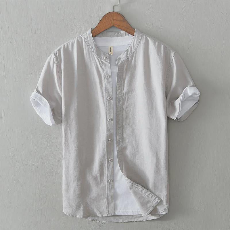 Men's Short-Sleeve Chinese Stand Collar Linen Shirt - Lightweight Summer Casual Fashion