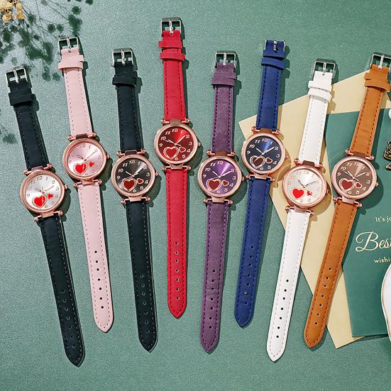 Women Watch Heart Dial Plate Anti-Scratch Faux Leather Girls Casual Wristwatch for Travel
