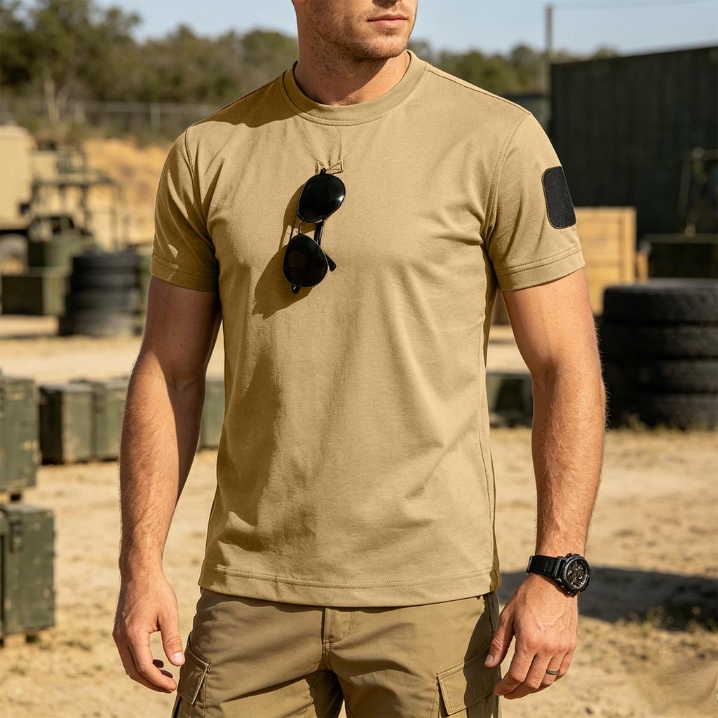 Men's Tactical Outdoor Quick-Dry T-Shirt Crew Neck Loose Fit Breathable Short Sleeve with Hook and Loop Patch Area for Customization