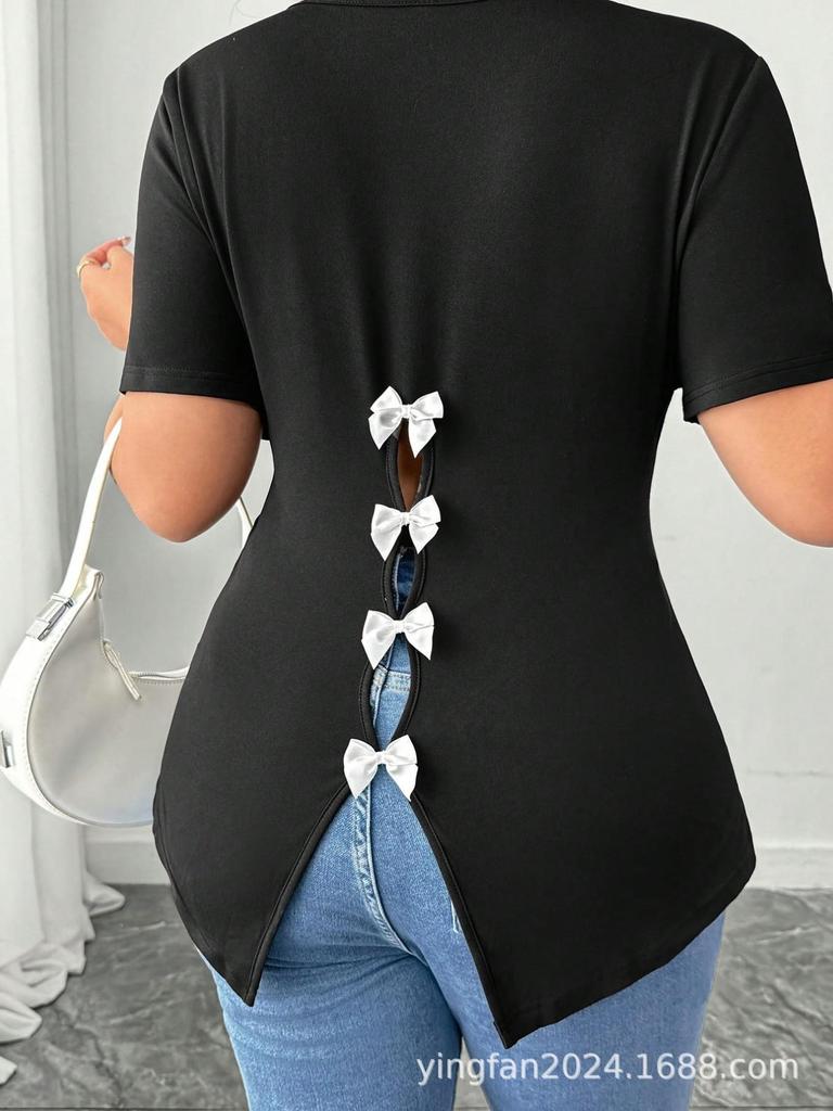 Elegant Plus Size Short Sleeve Slimming T-shirt with Bow Decoration