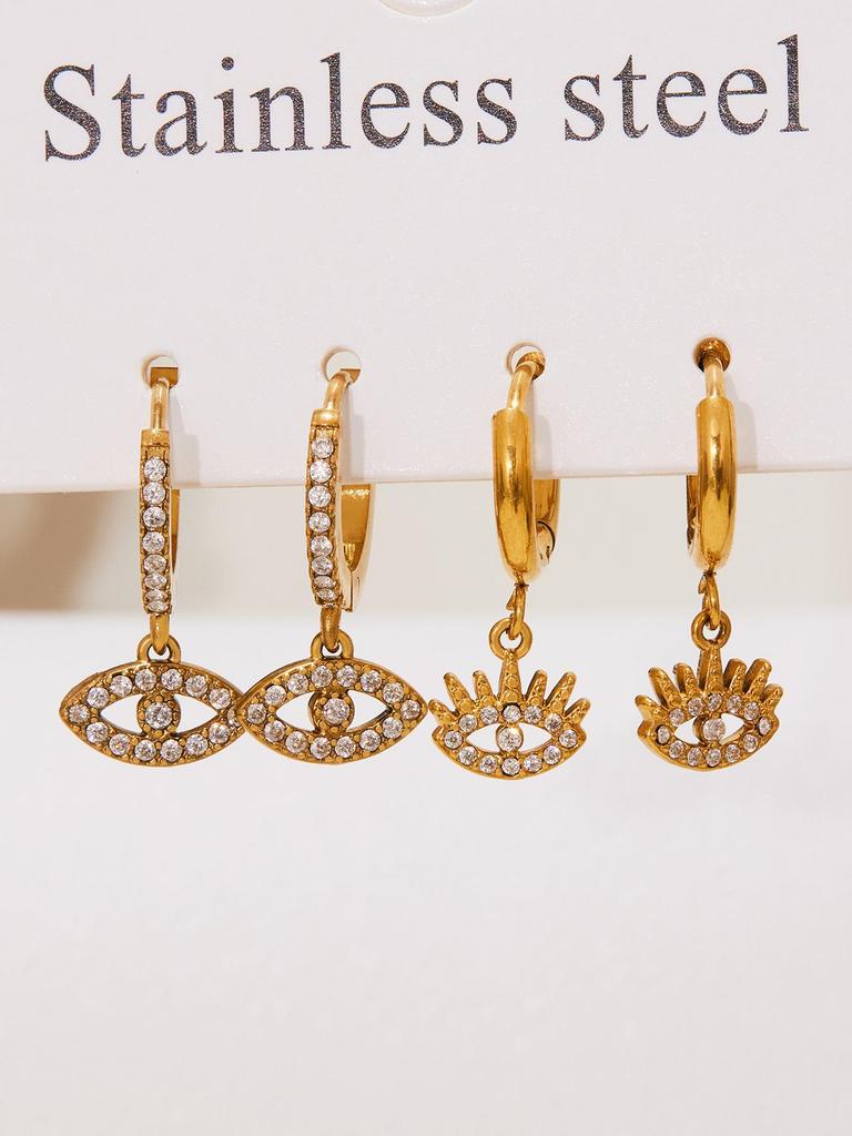 Qiong Yao 18K Gold Plated Evil Eye Diamond Pendant Hoop Earrings - Fashionable Stainless Steel Clip Design