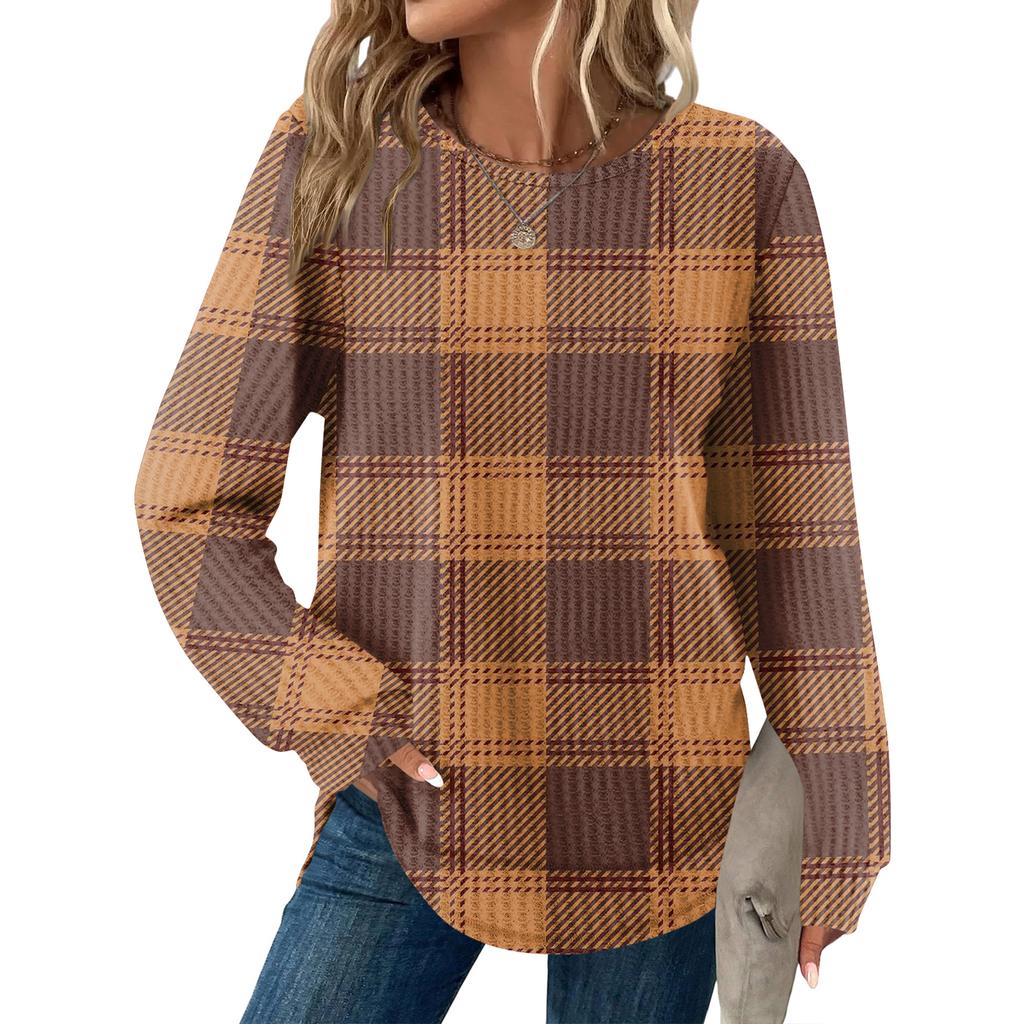 Damrutig tryck rund hals långärmad ledig lös topp