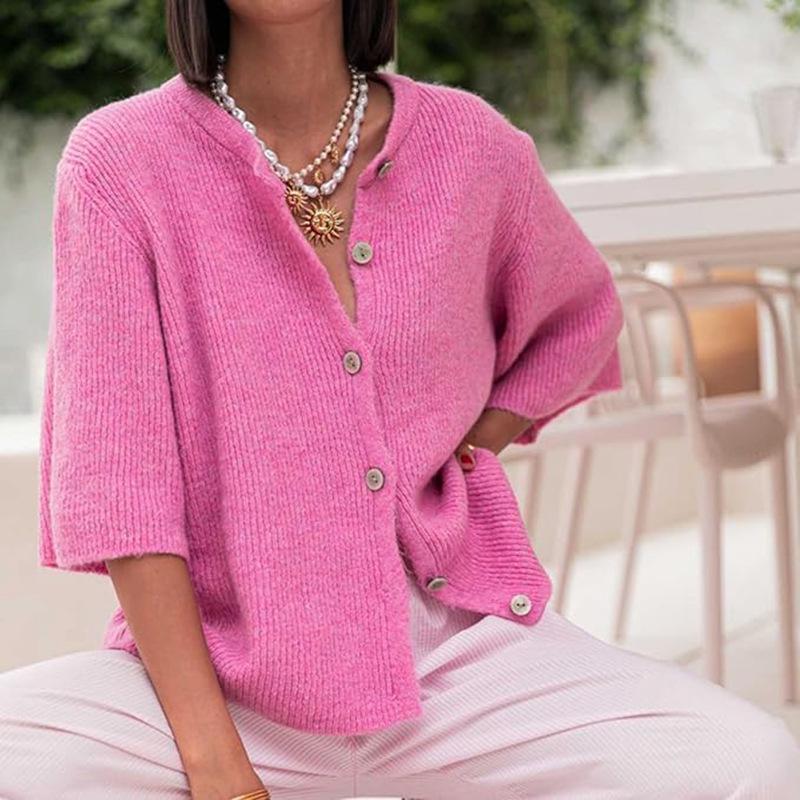 

Elegant Knit Cardigan: Women s Button-Up Short-Sleeve, Lightweight Round Neck Sweater Small яскраво-рожевий колір