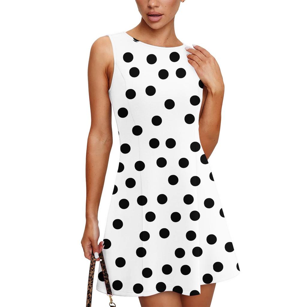 Women's Summer Dress Casual Sleeveless Round Neck Polka Dot Printed Vest Sundress