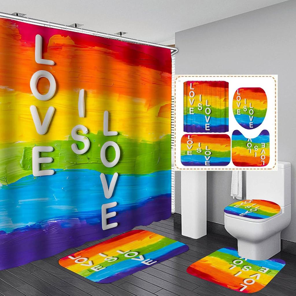 Colourful Rainbow Cube Shower Curtain Set And Bath Rugs Set Vibrant Pattern Bathroom Shower Curtains Set For Bathroom Home Decor