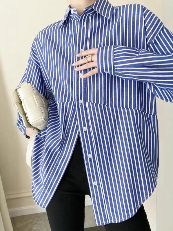 Damenhemd im koreanischen Stil, blau gestreift, locker - Frühjahrskollektion