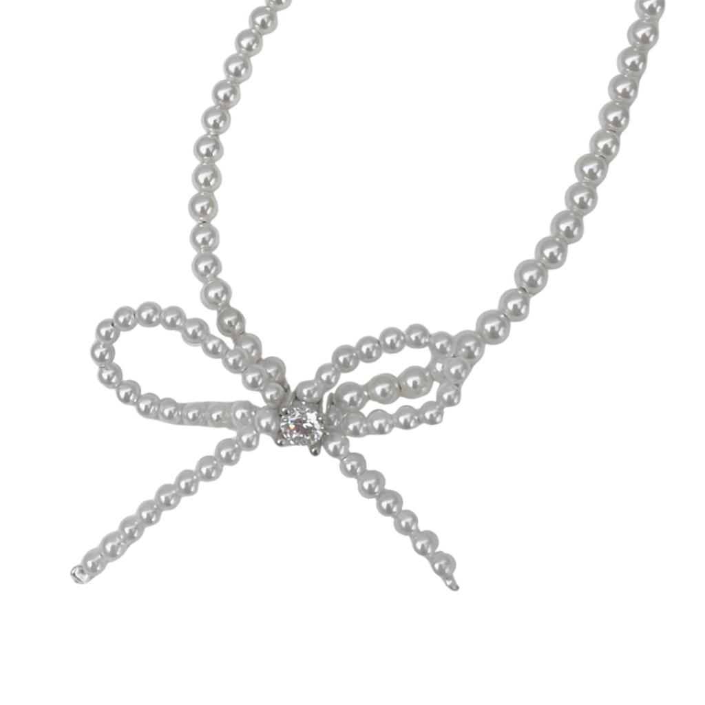 Simple and stylish S925 Temperament bow imitation pearl stud earrings women's zirconium necklace jewelry