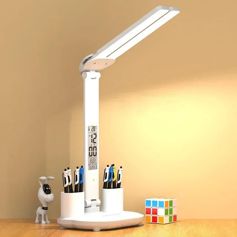 Lâmpada de mesa led usb regulável toque dobrável lâmpada de mesa com calendário temperatura relógio luz da noite para estudo lâmpada de leitura